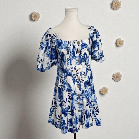 NWOT House of Harlow 1960 Blue Floral Puff Sleeve Off-Shoulder Mini Dress 2 - Picture 2 of 10